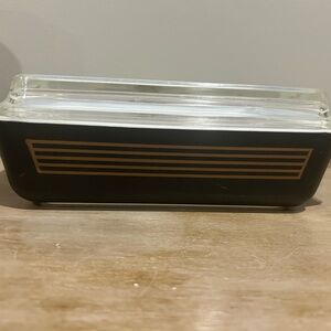 Pyrex Musical Staff space saver w/lid Black Gold Bakeware Dish vtg